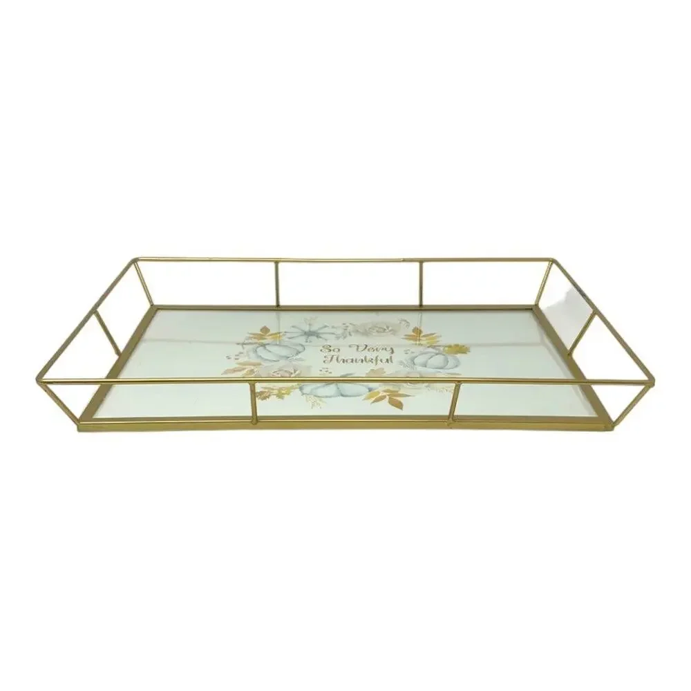So Very Thankful Seasonal Gold Wire Decorative Accent Tray 12x17